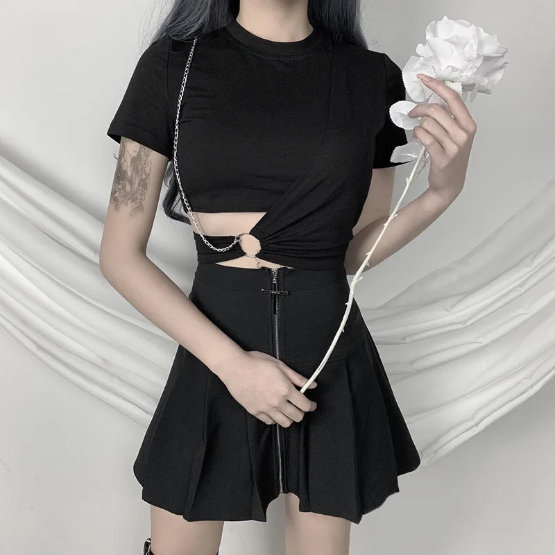 

Streetwear Black T-shirt Ladies Tees Top Harajuku Punk Tshirt Goth Sexy Hollowed Out Tops For Women Summer