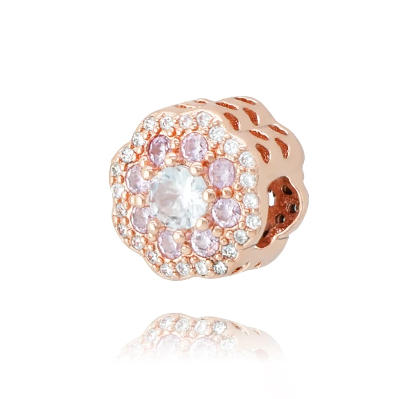 

Classic 925 Sterling Silver Pink Sparkling Flower Charm Beads fit Original Pandora Bracelets Women DIY Jewelry