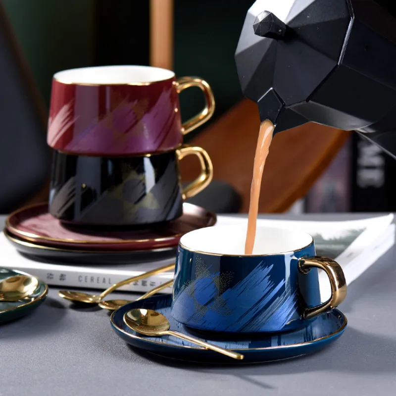 

High Quality Ceramic Coffee Cup with Spoon Luxury Minimalist European Modern Afternoon Tea Cups Tazas Drinkware Kitchen DA60BYD