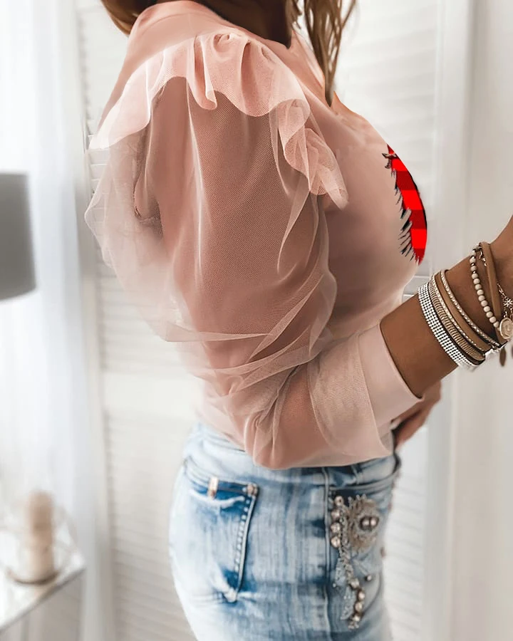 

Women Christmas Tree Print Sheer Mesh Long Sleeve Top