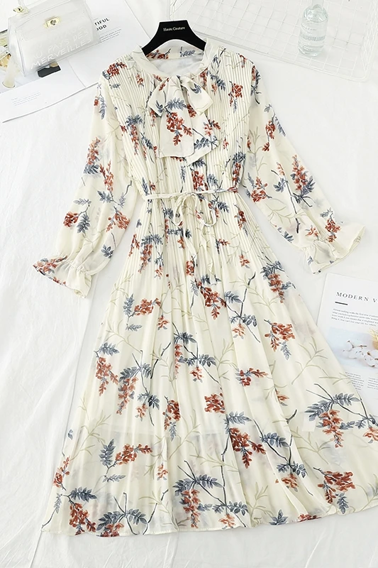 

Long-sleeved Floral Dress Women's Spring 2021 New Style French Retro Gentle Wind Inner Base Pleated Long Skirt