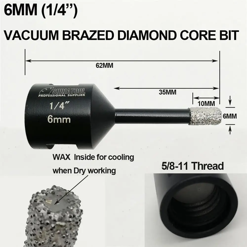 SHDIATOOL 2pcs/set Dia 1/4&quot&amp5/16&quot(6+8mm) Vacuum Brazed 5/8-11 Diamond Dry Drilling Bits Tile Hole Saw Core Drill Bit |