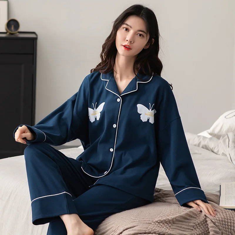 Spring and Autumn New Pajamas Women's Cardigan Long Sleeve Knitted Cotton Korean Women's Fattening and Loose Fitting Home Suit