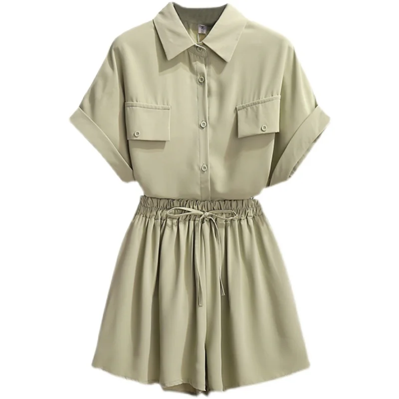 

Plus Size Two-Piece Sets For Women Solid Large Turn-down Collar Shirt + Elastic Waist Shorts Ladies Suits L XL 2XL 3XL 4XL