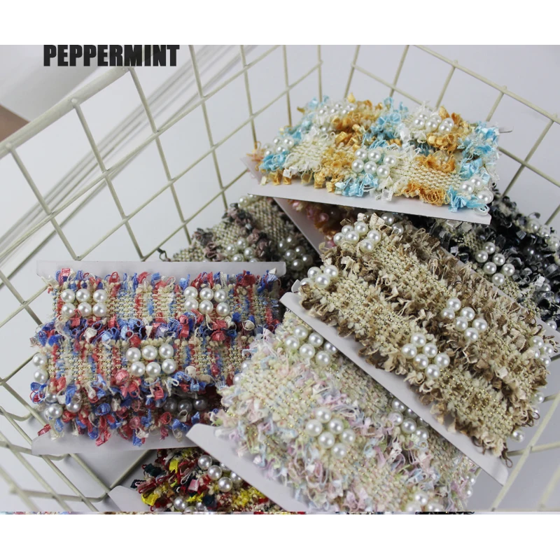 1 yard 3cm Tweed Webbing Pearl Beaded Trim Fabric Ribbon Sewing Handmade DIY Costume Dress Supplies Craft