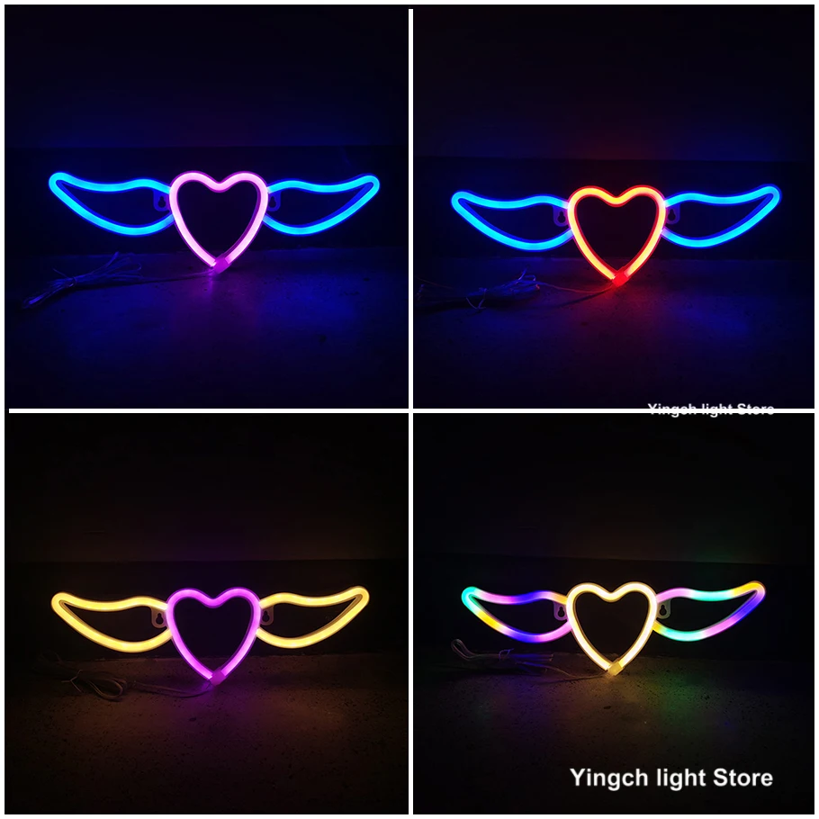 Angel Wings Heart Shape Neon Lights Sign LED Decoration Lamp for Home Room Window Party Wall Art USB & Battery Powered