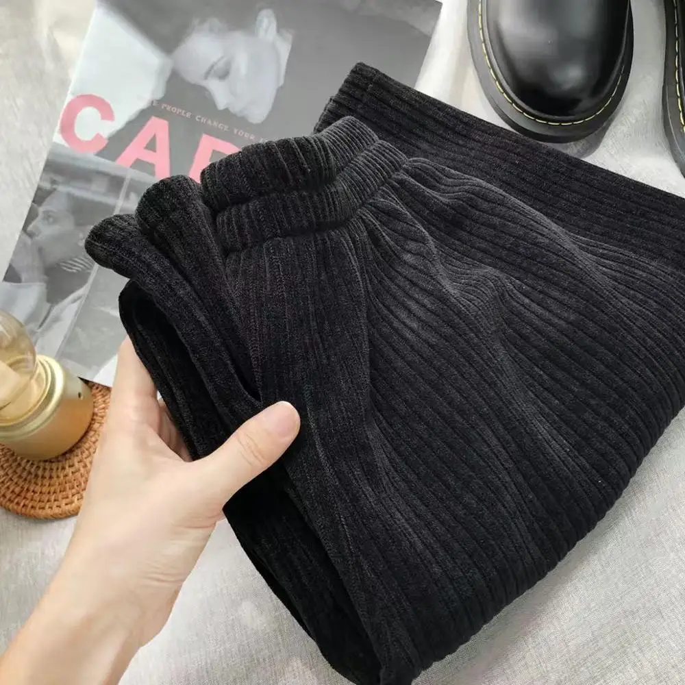

Women's Spring Autumn Style Wide Leg Pants Women's Corduroy Pockets Solid Color Elastic Waist High Waist Casual Trousers KK0231