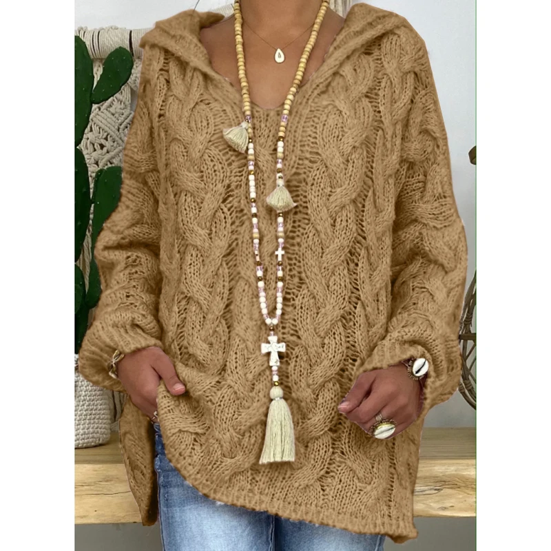 

Umeko Autumn Winter New Fashion Sweater Hodded V-neck Twist Knit Loose Hole Casual Women's Knitted Sweater Solid Tops for Women