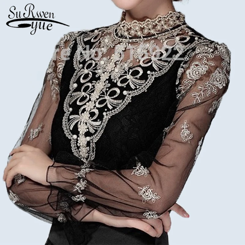 Новый весенний Топ женский с длинным рукавом сетчатый Кружевной Прозрачные