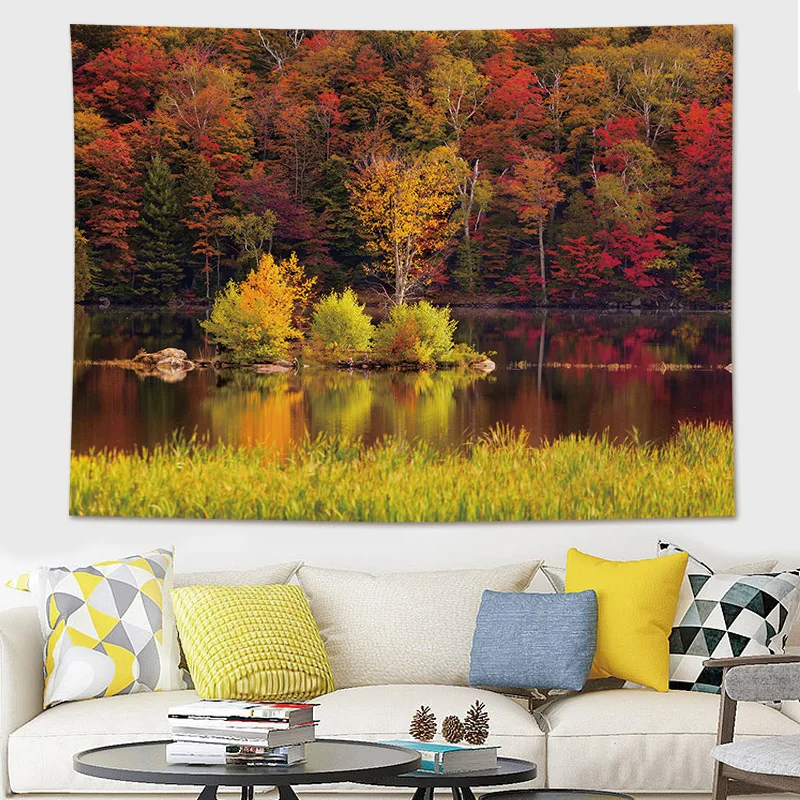 

Woods House Landscape Background Map Tapestry Room Bedroom Bedside Wall Hanging Net Red Scenery Photo Background Wall Covering