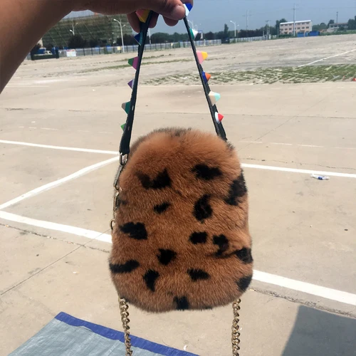 Новая роскошная женская зимняя сумочка из натурального меха кролика, женская сумка на плечо с леопардовыми заклепками, женская сумка через плечо, клатч, кошелек - Цвет: CAMEL