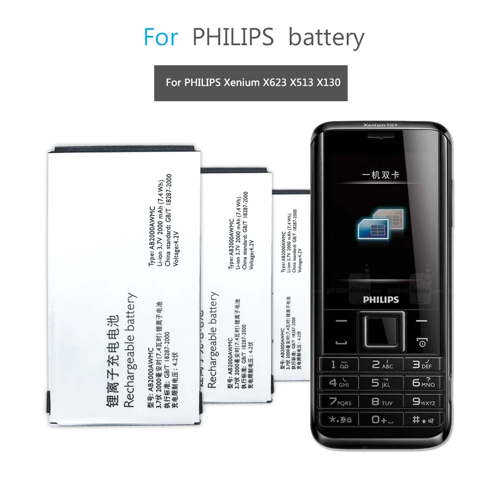 

100% New Battery for PHILIPS X3560 X2300 X333 AB2000AWMC Xenium X501 X513 X523 X130 X623 Bateria Batteries