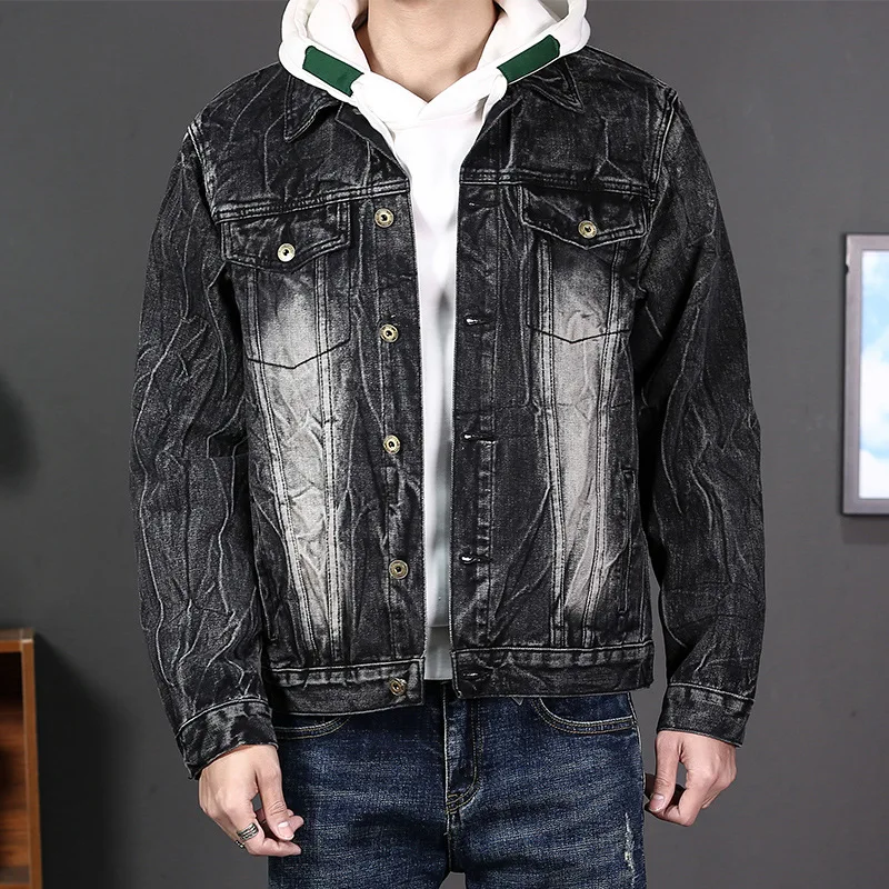 

New Men's Snowflake wash Denim Jacket Classic Style Fashion Dark Grey biker Jeans Vintage Jackets Slim Coat Male Brand Clothes