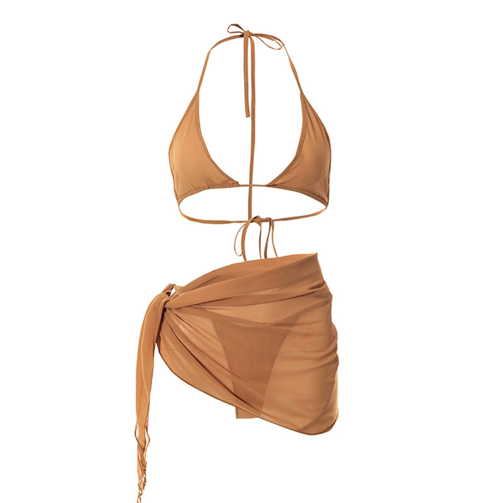 

3Pcs Ladies Sexy Beachwear Suit, Summer Women Solid Color Hanging Neck Tie Up Split Swimwear + Overskirt for Holiday Vacation
