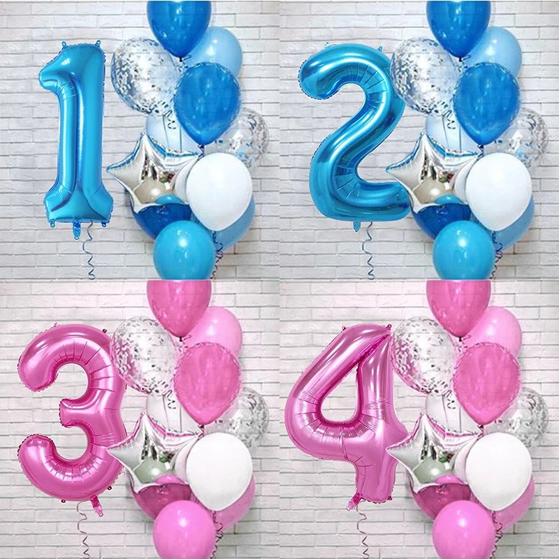 

12pcs/Set Birthday Balloon Set Blue/Pink Foil Digital Star Balloon Latex Confetti Decoration Inflate Ball Wedding Party Globos