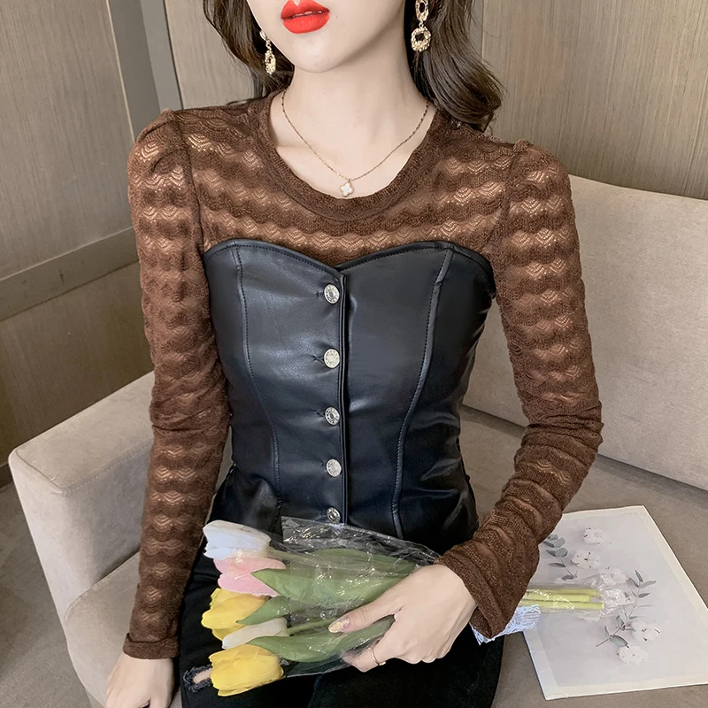 

Осенне-зимняя футболка в европейском стиле, шикарный сексуальный комплект из двух предметов с салфетками из искусственной кожи, женские то...