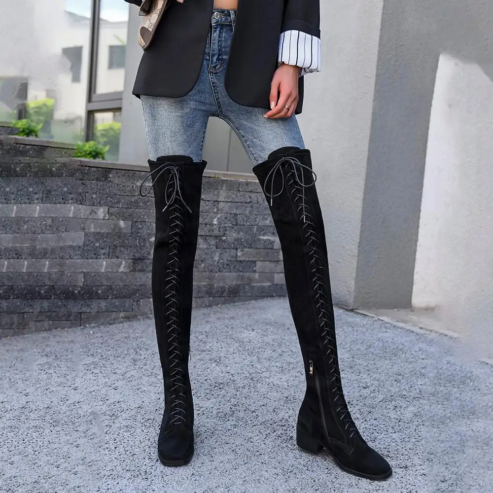 Женские сапоги на низком каблуке из замши шнуровке|Ботфорты| |