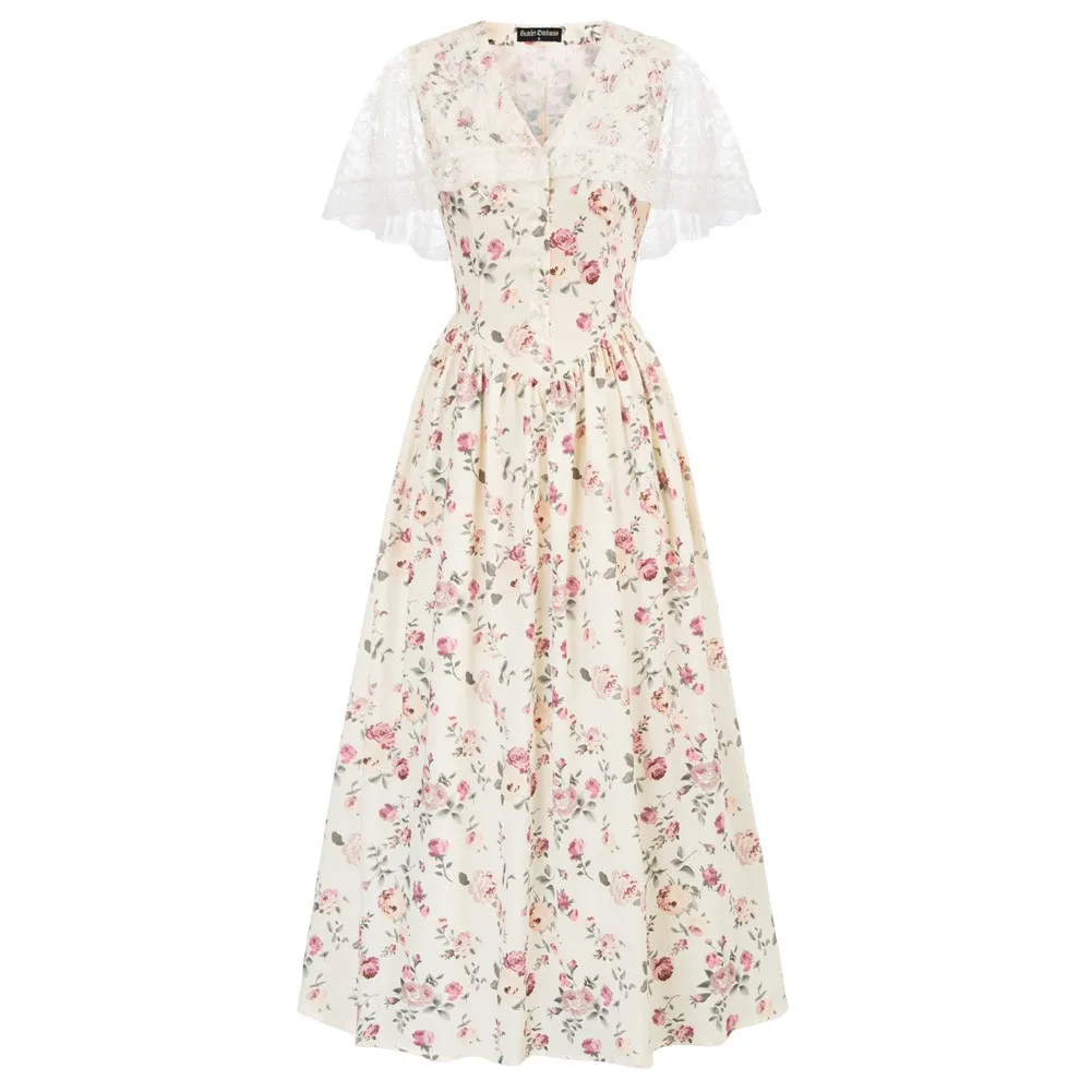 

SD Dress Women Lace Drape Decorated Floral Printed Dress Summer Fashion V-Neck Flared A-Line Maxi Dress Holiday Wear Dresses