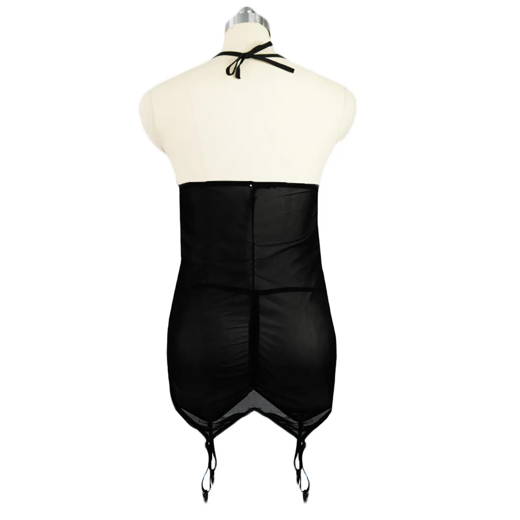 

3XL Plus Size Black Women Lingerie Racy Halter Open Back Lace Babydoll Dress Transparent Mesh Underwear With Thong Mujer #4
