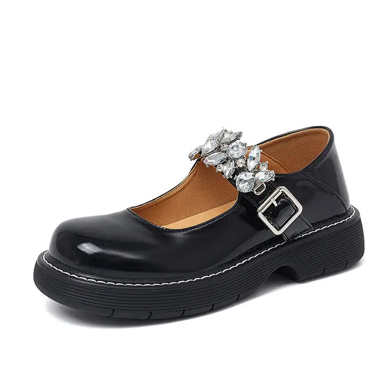 

British Style Mary Jane Leather Shoes for Women 2021 New JK Shoes Japanese Style Dress Pumps Rhinestone Strap