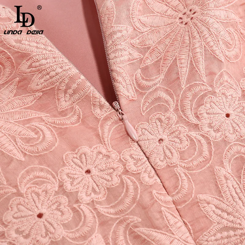 

LD LINDA DELLA Fashion Designer Summer Solid Dress Women Short Sleeve Hollow Out Floral Embroidered Vintage Midi Dress Vestidos