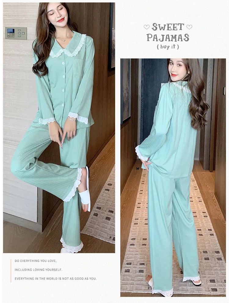 Women's Pajamas Sets Cotton Long Sleeve Autumn Thin Princess Style Fashion Sweet Casual Solid Color Household Clothes Sleep Tops