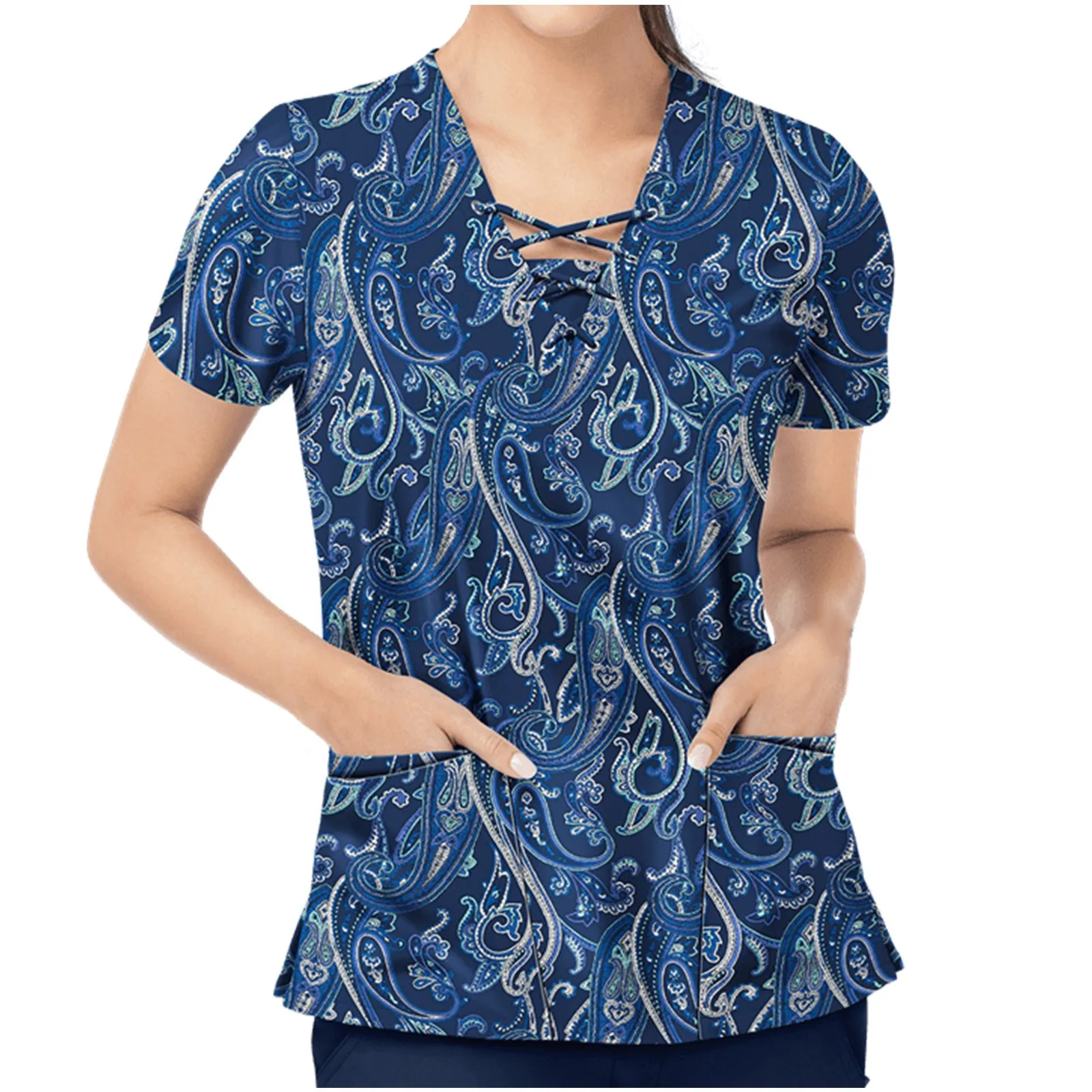 

Laboratory Wear Scrubs Women Short Sleeve V-neck Tops Working Uniform Frower Print Nursing High Temperature Sterilizable Clothes