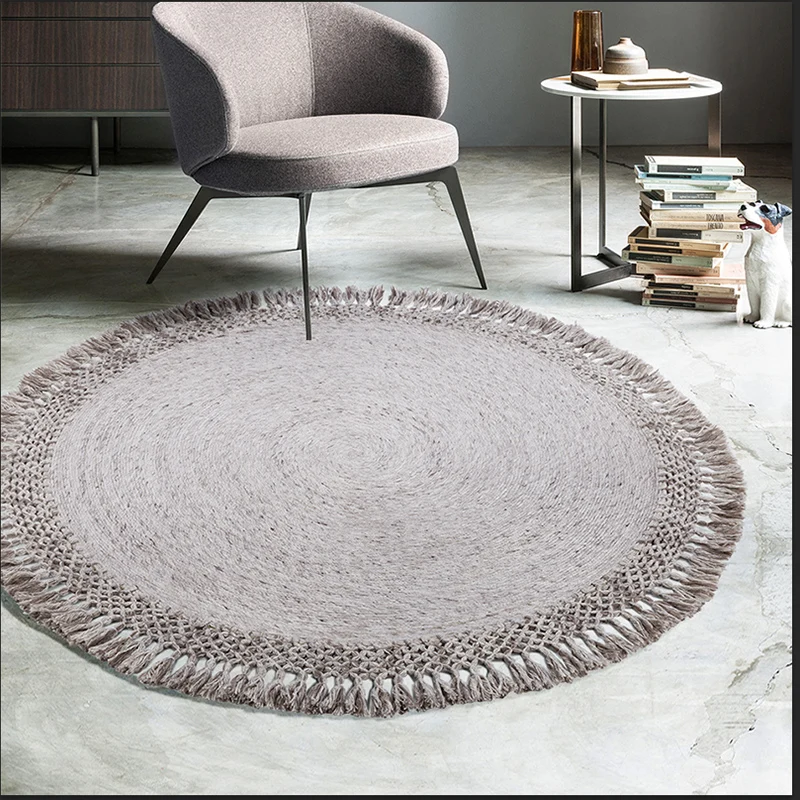 

Handmade Woven Wool Round Carpets For Living Room Study Floor Chair Mat With Tassel For Bedroom Tatami Rug Decor Imported India