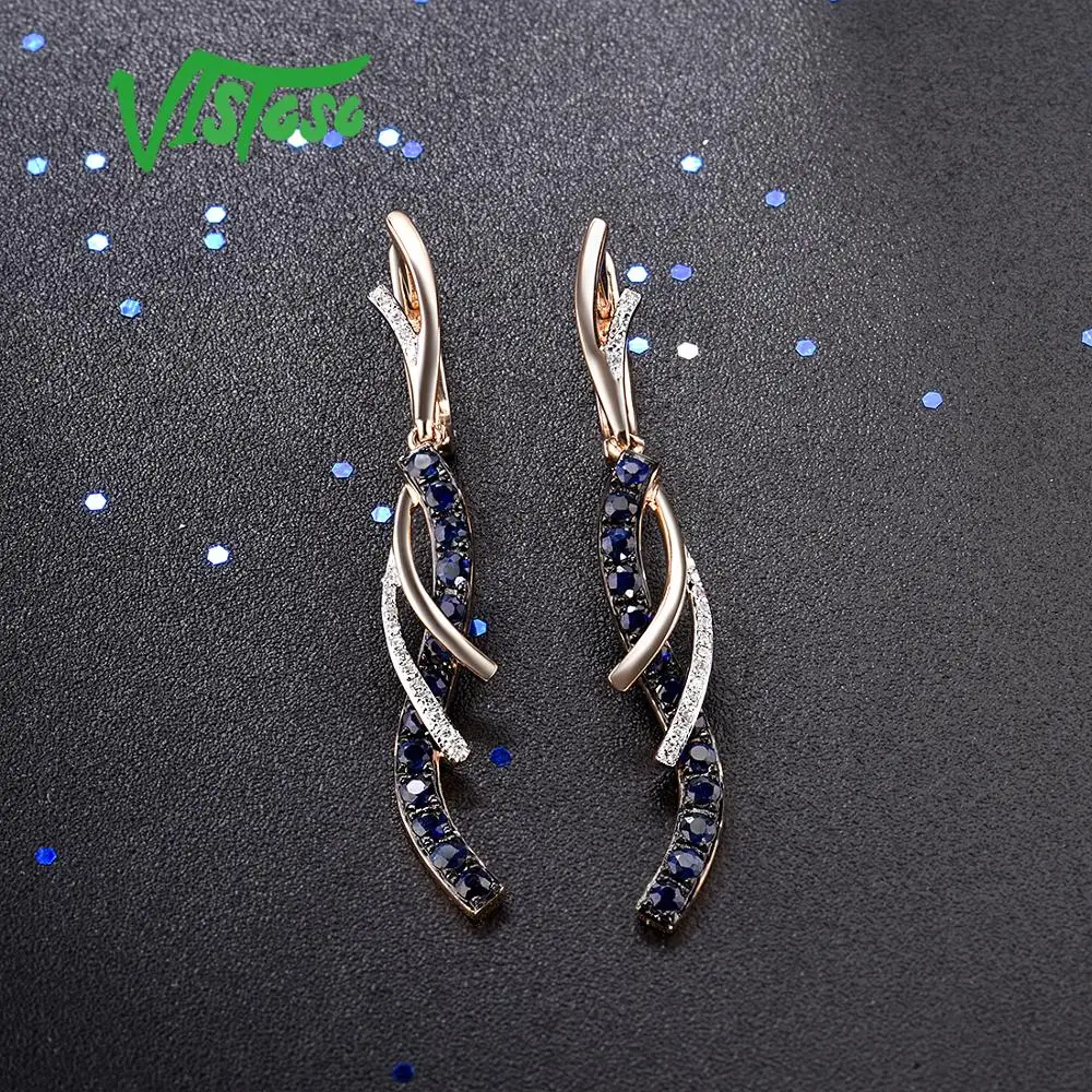 Серьги VISTOSO, золотые, для женщин, Аутентичные, 14 K, 585, розовое золото, сверкающие бриллианты, блестящие, синие, сапфировые серьги-висюльки, ювелирные украшения