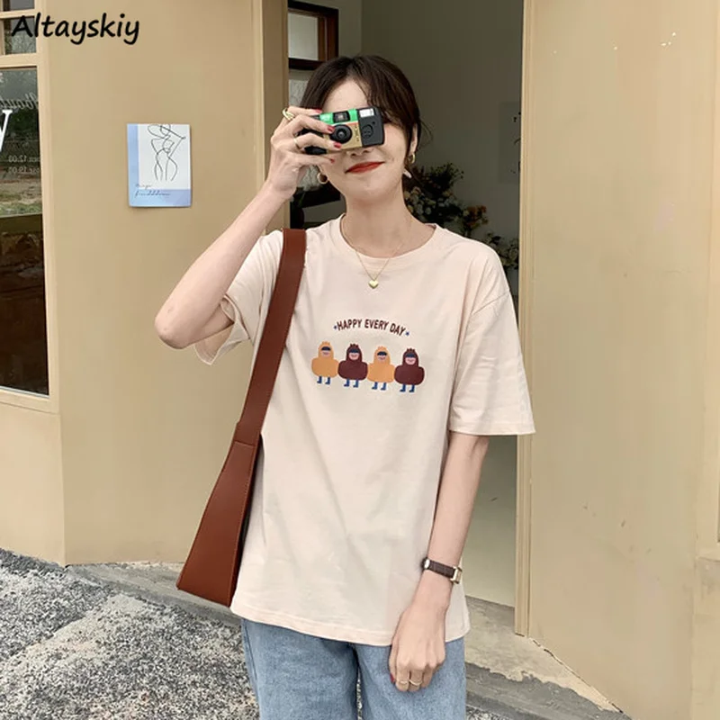 

T-shirts Women Japanese Style O-neck Female Simple Short Sleeve Kawaii All-match Solid Color Daily College Cartoon-printed Chic