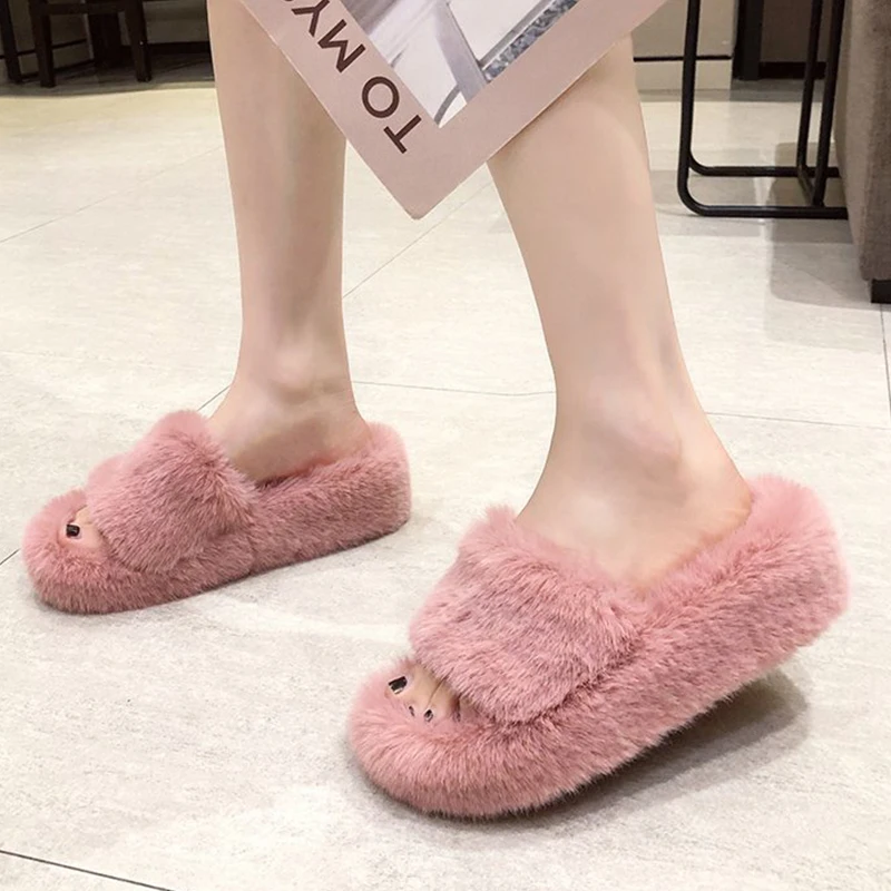 

2021 Winter Hot Home Women Pink Fur Slippers Fashion Faux Fur Ladies Solid Color Plush Warm Thick Bottom Woman Furry Slippers