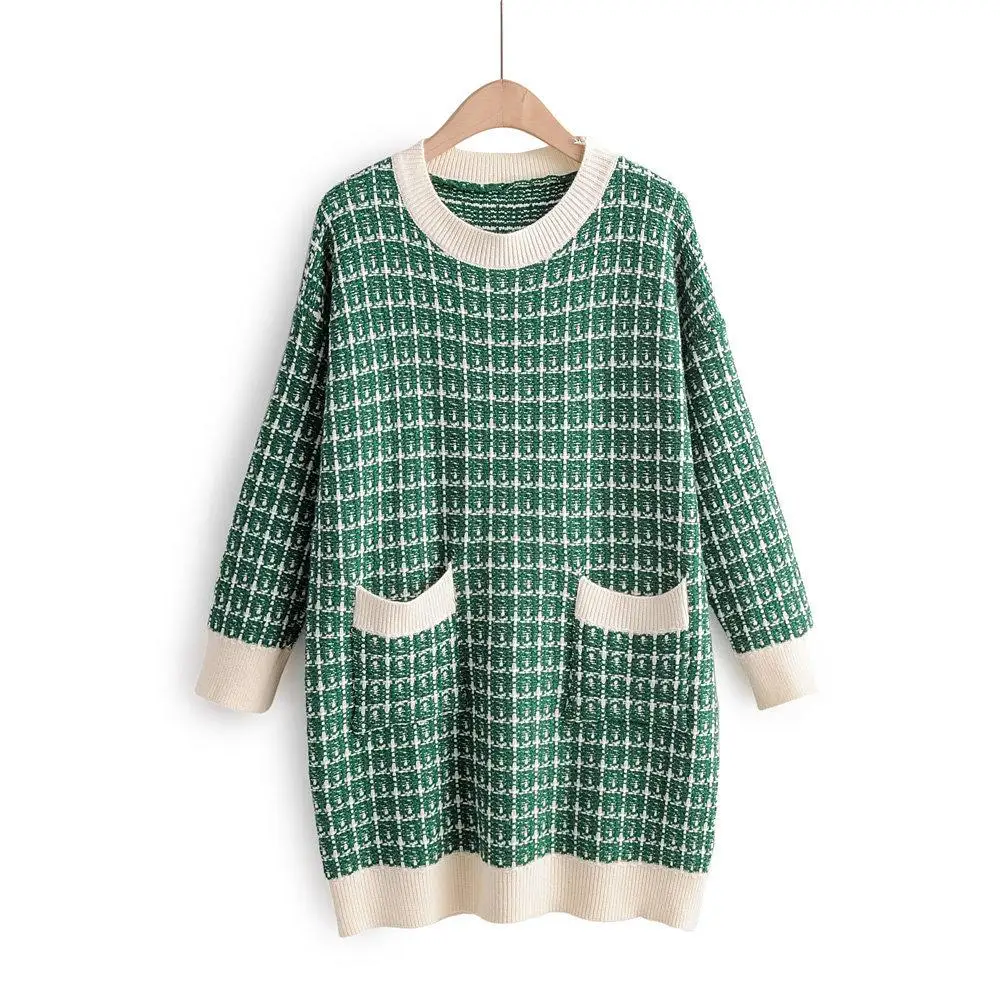 

ZITY 2020 Fall Fashion Long Sweater Jumpers Oneck Elegant Plaid Loose Sweater Dress Knitting Pullovers Sueter Mujer Pull Femme