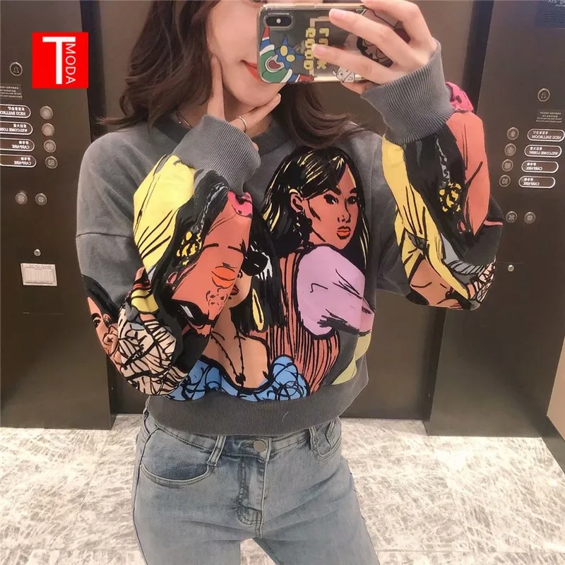 Женский Укороченный свитшот с принтом TMODA1068 Za весенний Свободный пуловер