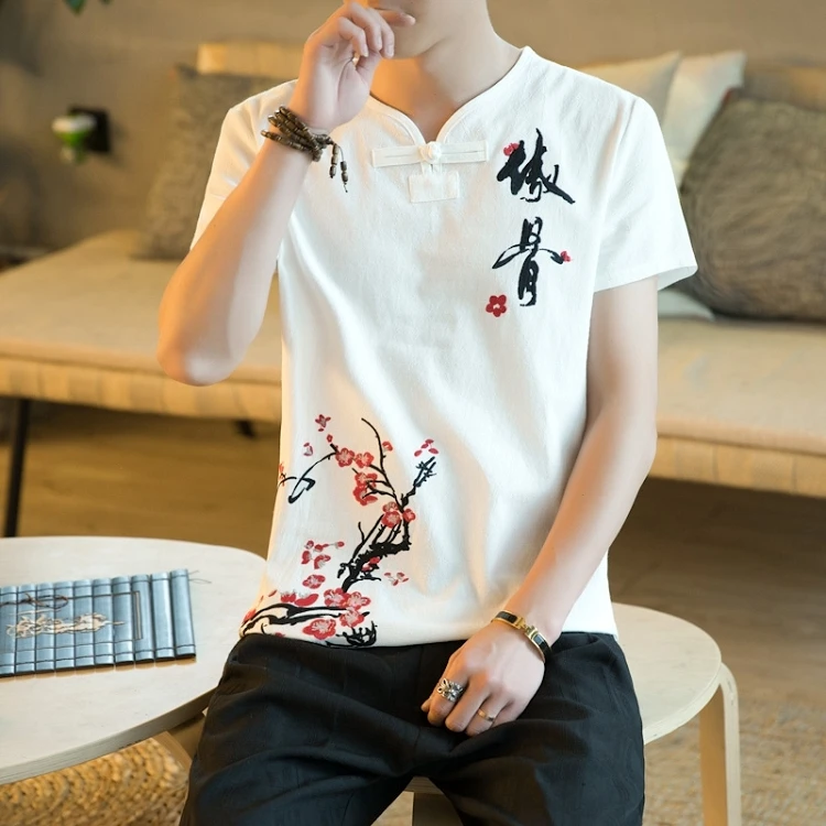 

Летняя новая тонкая мужская футболка в китайском стиле с коротким рукавом и V-образным вырезом, свободная универсальная рубашка большого ра...