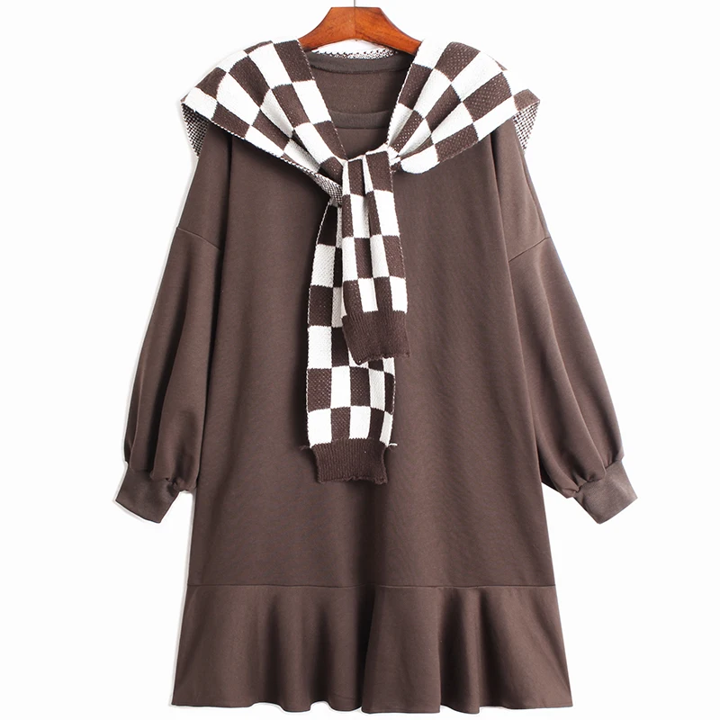 

SuperAen Loose Plus Size Fashion Mosaic Shawl Two Piece Set Slim Ruffle Casual Dress Women Autumn