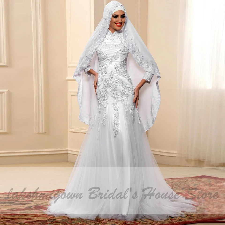 Indian Wedding Dress With Hijab Lace Beaded Mermaid Gown Long Sleeve Muslim Bridal 2020 Vestido de Novia Blanco | Свадьбы и