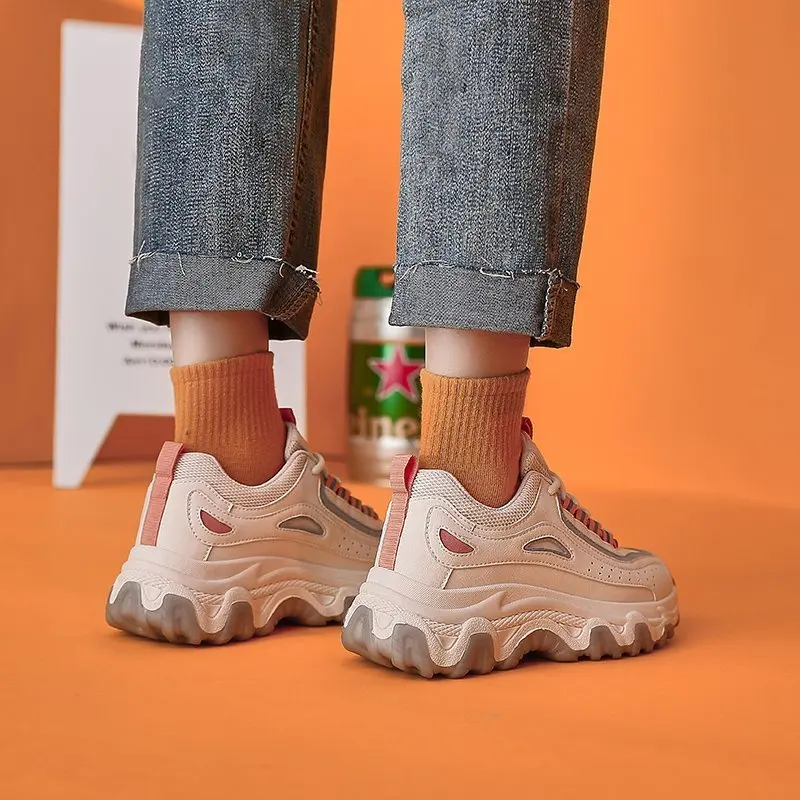 

Casual Sneakers Fashion Women Shoes Black Orange Mesh Woman Trainers Lace-Up Platform Sneakers Autumn Women Vulcanize Shoes