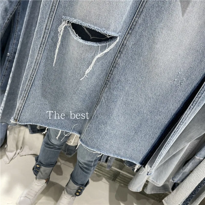 

2021 Spring Summer Ladies Korean Style High Waist Asymmetric Side Slit Denim Skirt Women Loose Hole Casual Mid-calf Jeans Skirt