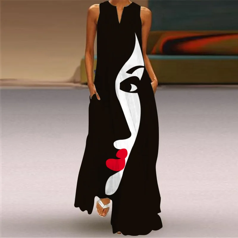 

Sleeveless V Neck Maxi Dress Women Summer Holiday Beach Party Dress Floral Print Streetwear Fashion Bohemian Woman's Dress Robe