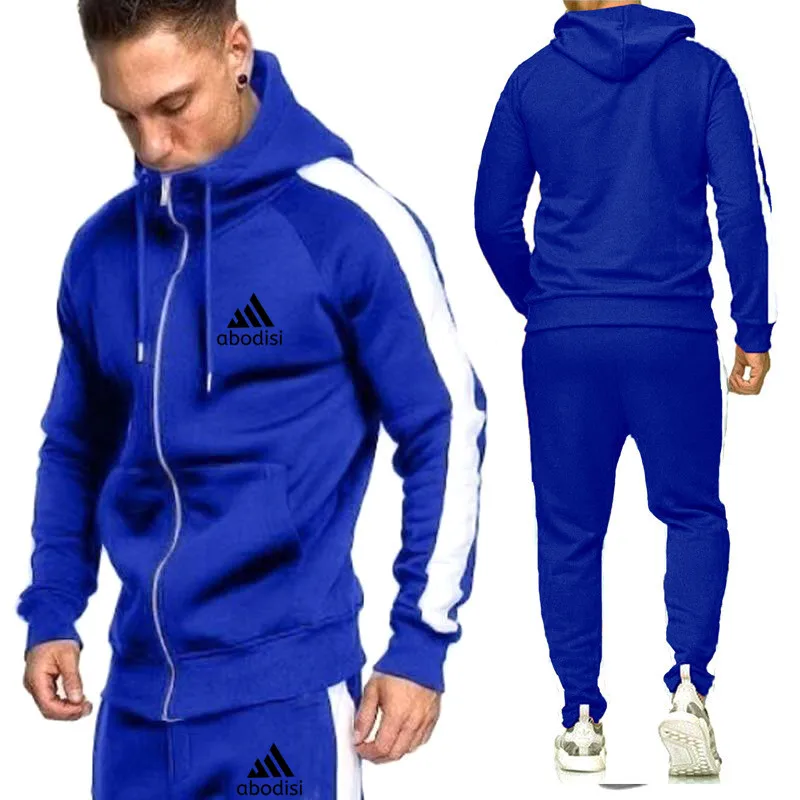 

2 Pieces Sets Tracksuit Men New Brand Autumn Winter Hooded Sweatshirt +Drawstring Pants Male Stripe Patchwork Hoodies Bigsweety