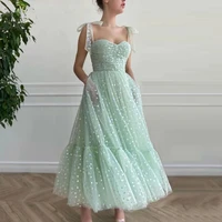 mint green hearty prom dresses 2021 tied bow straps sweetheart midi prom gowns pockets tea length wedding party dresses