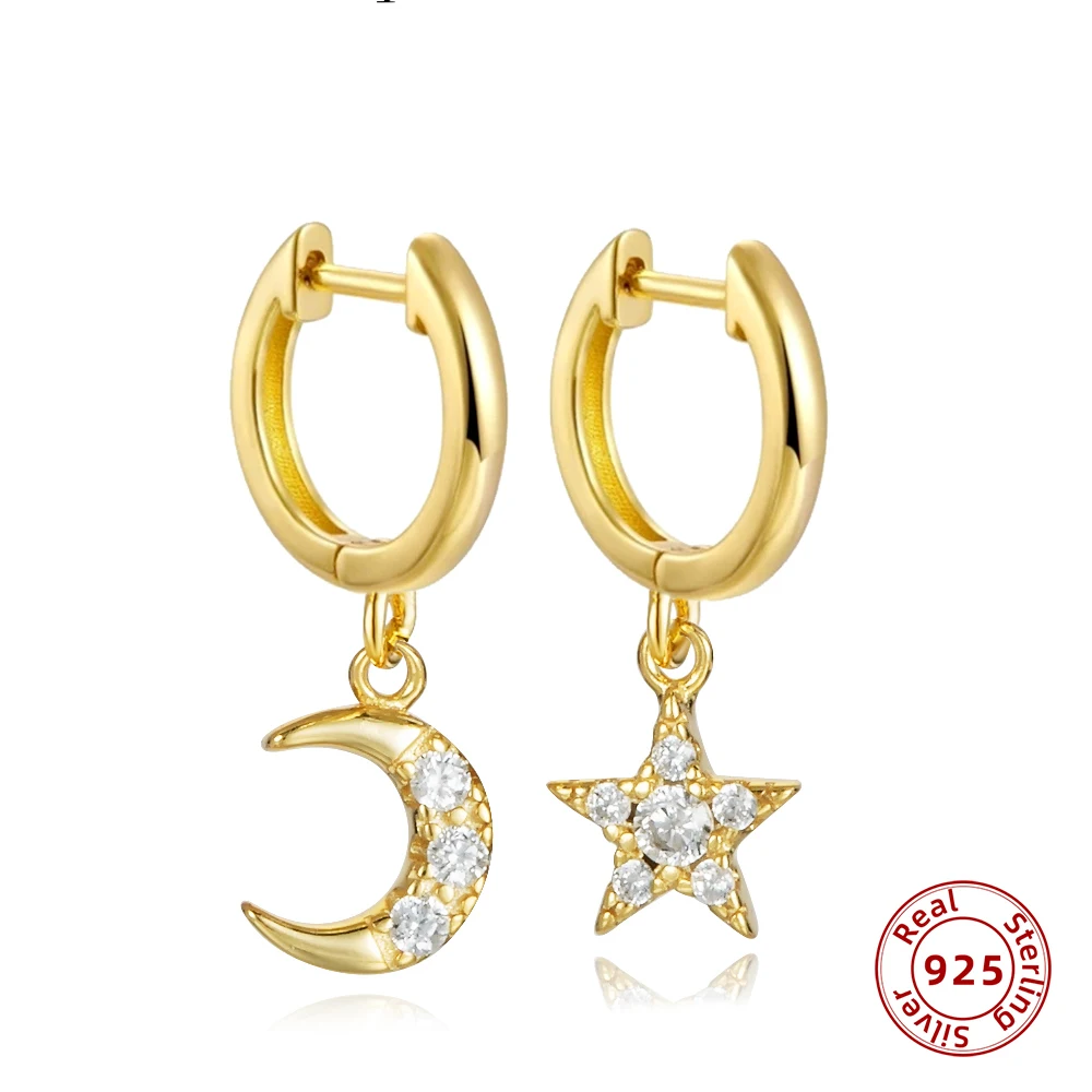 

Asymmetric CZ Zircon Moon Star Hoop Earrings Fro Women 925 Sterling Silver Huggie Ear Piercing Gold Tiny Hoops Party Jewelry