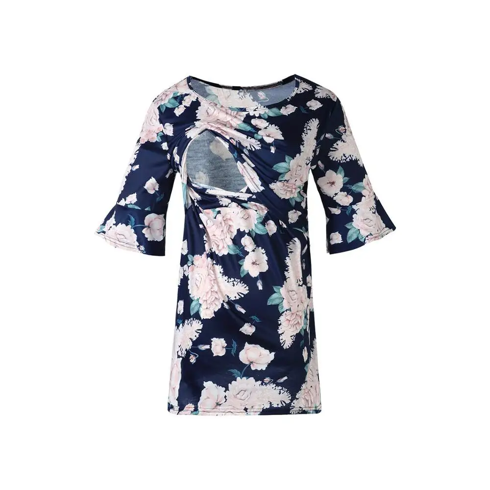 Style D Navy Blue Полосатая Женская одежда для беременных с круглым вырезом и цветочным принтом, топы для кормящих мам, футболка для грудного вскармливания с длинным рукавом - Цвет: Style D Navy Blue