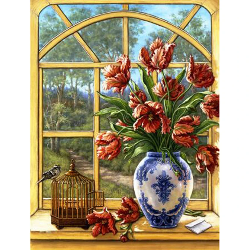 

Diamond Painting 5D DIY Landscape Painting Window Sill Flower Scenery Picture Square/Round Diamond Cross Stitch Decorative TX234