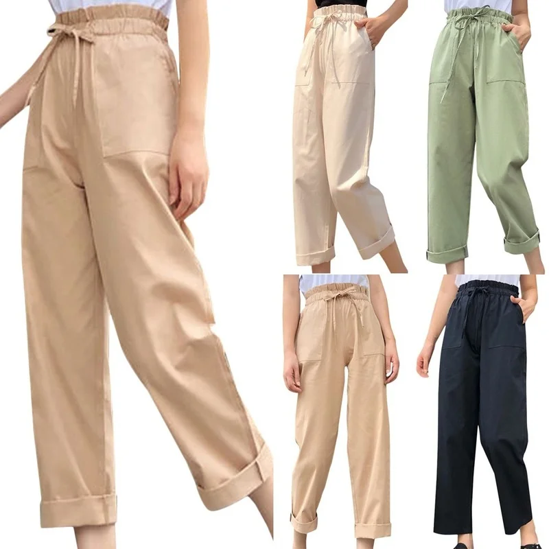 

Women Summer Autumn Pants High Waist Lace Up Straight Leg Ladies Large Size Solid Color Pocket Long Trousers Casual