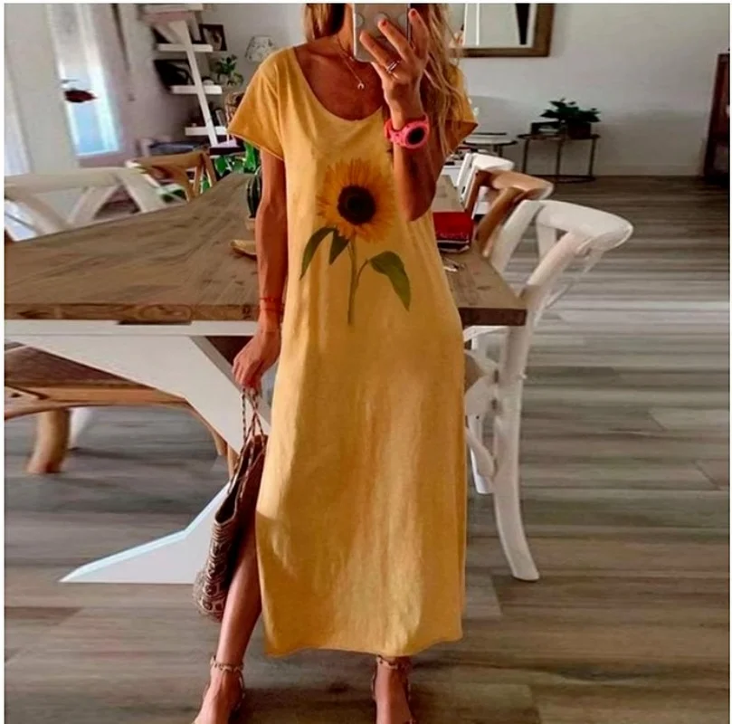

Plus Size Women Sunflower Dress Casual Ladies Print Side Slit Long Maxi Dress Women Summer Beach Dress Vintage Vestidos
