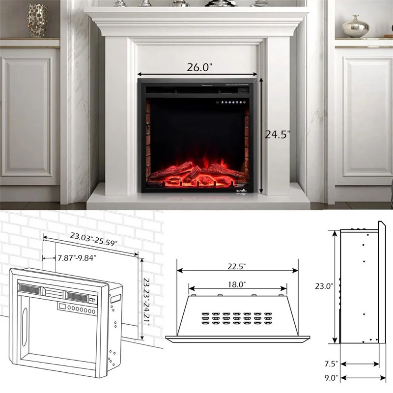 

COSTWAY 26" 750W-1500W Fireplace Electric Embedded Inset Home Office Embedded Fireplaces Realistic Flame Present EP23627