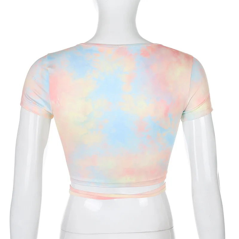 

2020 Summer printed hollow V-neck short-sleeved T-shirt women