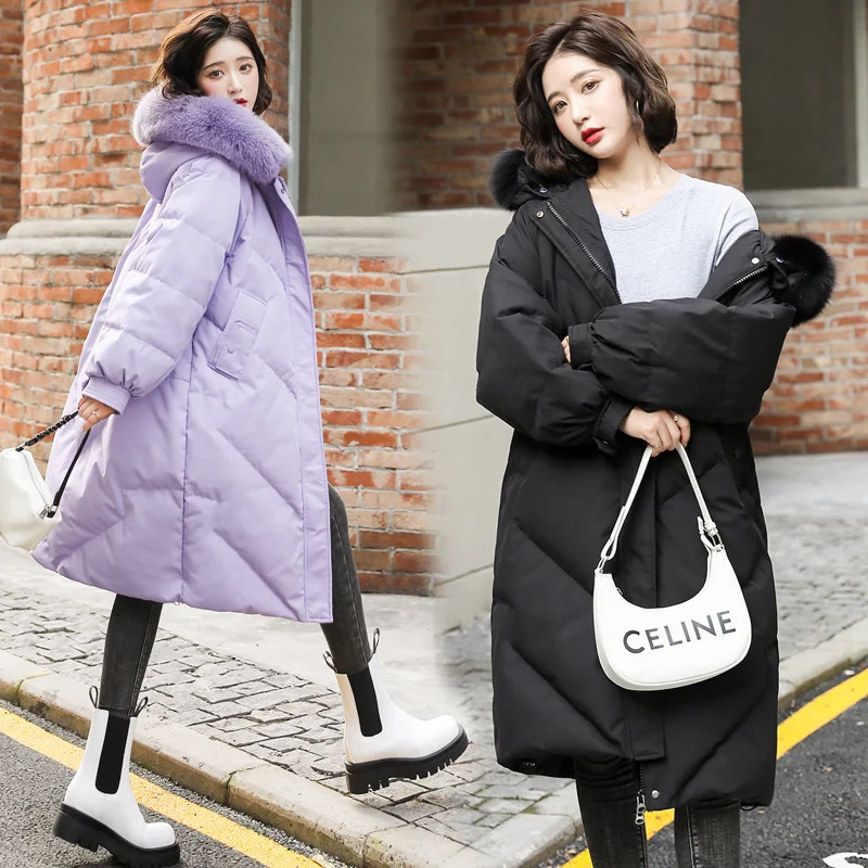 

Oversized down jacket women's 200kg fat mm2021 new Korean pregnant women's long knee length large wool collar coat