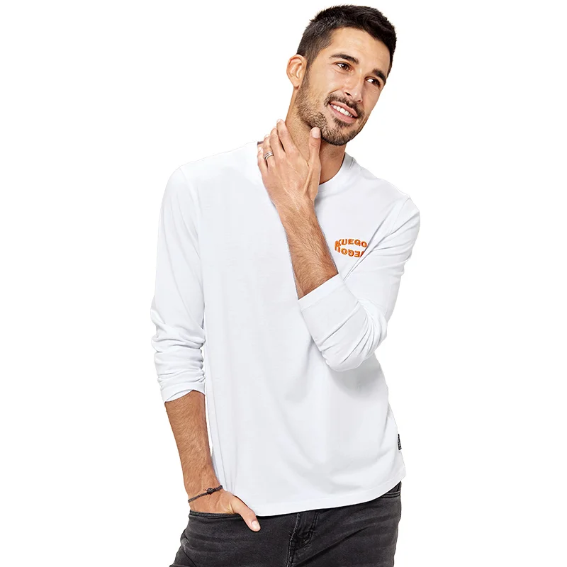 

KUEGOU 100% Cotton clothing White Mens T-shirt long sleeve fashion tshirt autumn embroidery t shirt men top plus size ZT-88048